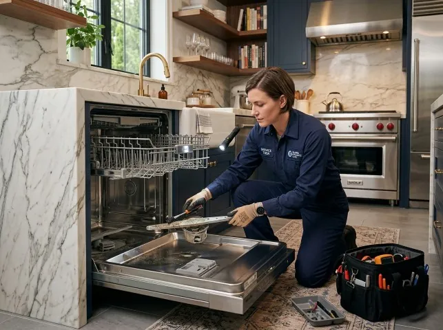 Appliance Repair Hero technician servicing a built-in dishwasher in a Barhamsville, VA kitchen