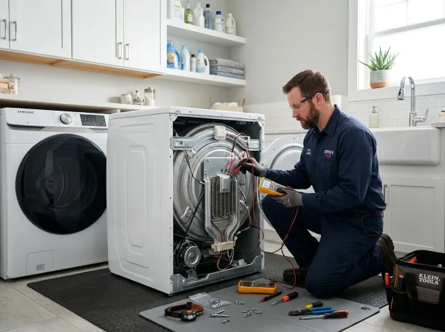 Appliance Repair Hero technician checking a dryer heating element with the rear panel off in Barhamsville, VA