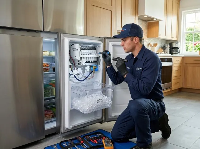 Appliance Repair Hero technician repairing a refrigerator ice maker in Barhamsville, VA
