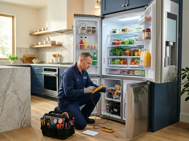 Appliance Repair Hero refrigerator technician testing a fridge on a Barhamsville, VA service call