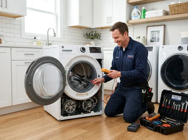 Appliance Repair Hero technician testing a front-load washer with a multimeter on a Barhamsville, VA service call